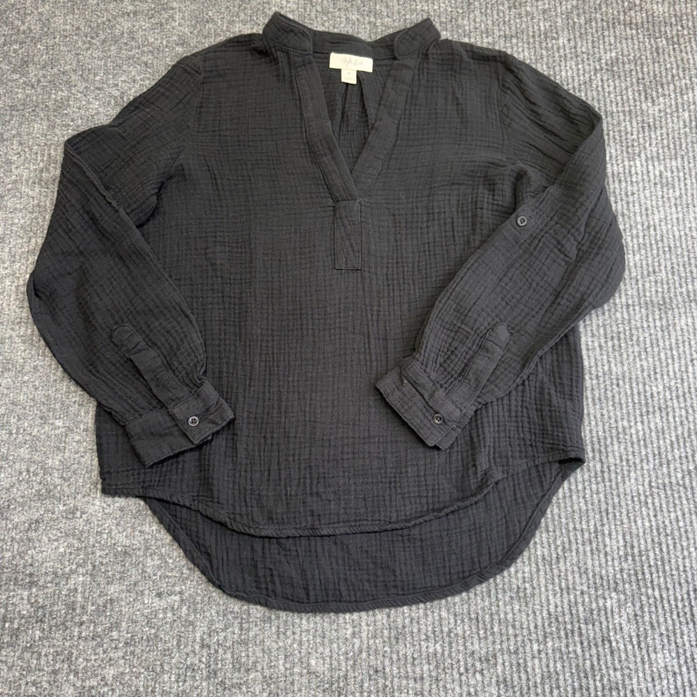 Style &‎ Co Black Gause Tunic Top Deep V Neck Long Sleeve Cotton Petite PP